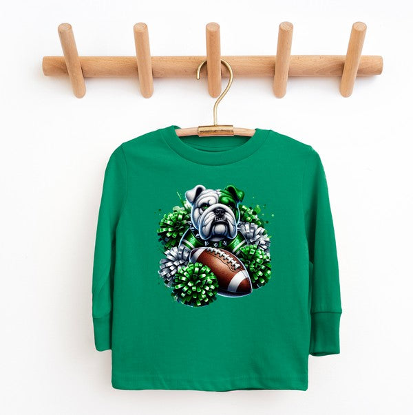 Green sweatshirt with bulldog and football design on a wooden hanger against a white background