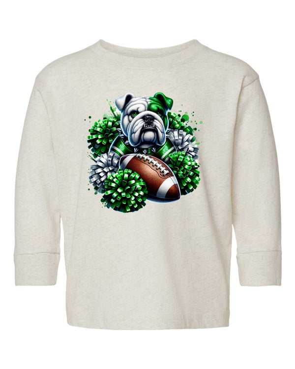 White long-sleeve shirt with a bulldog graphic holding a football