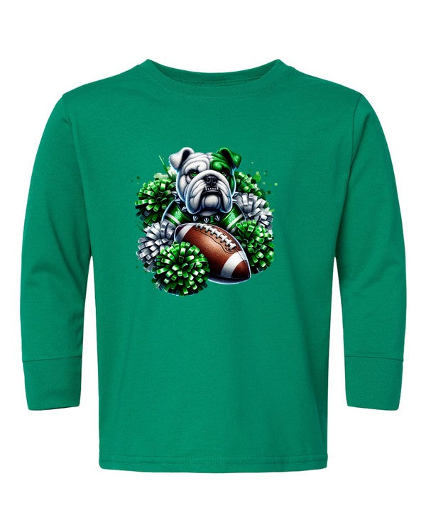 Green long-sleeve shirt with a bulldog and football graphic on a white background