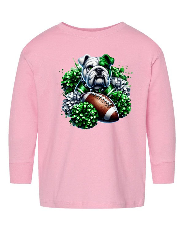Pink long-sleeve shirt with a bulldog graphic holding a football and surrounded by green leaves on a white background.