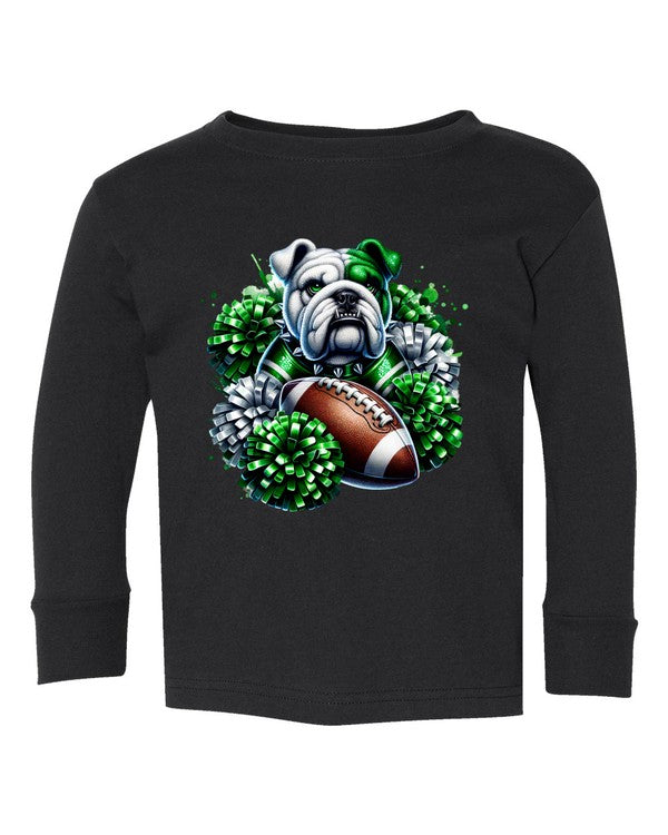 Black long-sleeve shirt with a bulldog and football design on a white background