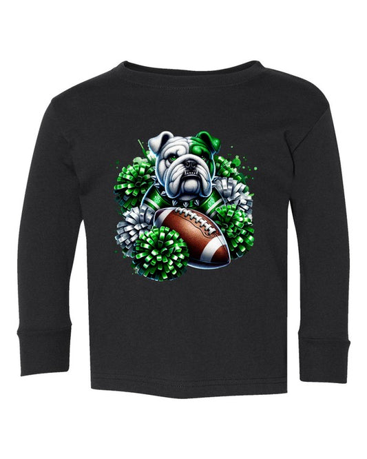 Black long-sleeve shirt with a bulldog and football design on a white background