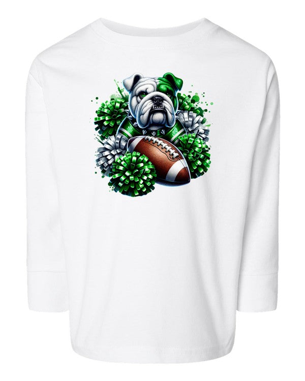 White t-shirt with a bulldog holding a football and green pom-poms design on a white background