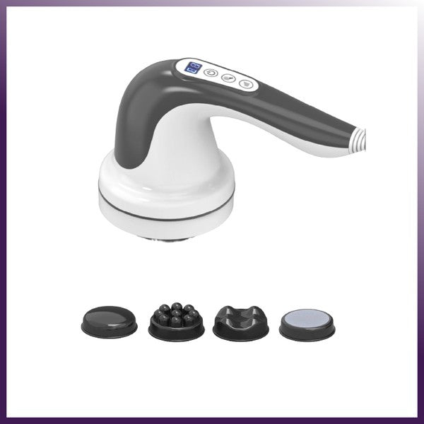 Handheld cellulite body sculpting massager with multiple interchangeable heads for targeted massage.