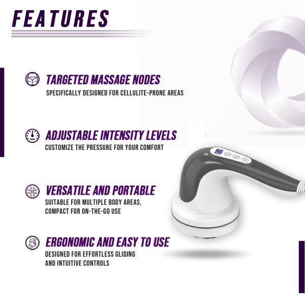 Handheld cellulite body sculpting massager with multiple interchangeable heads for targeted massage.