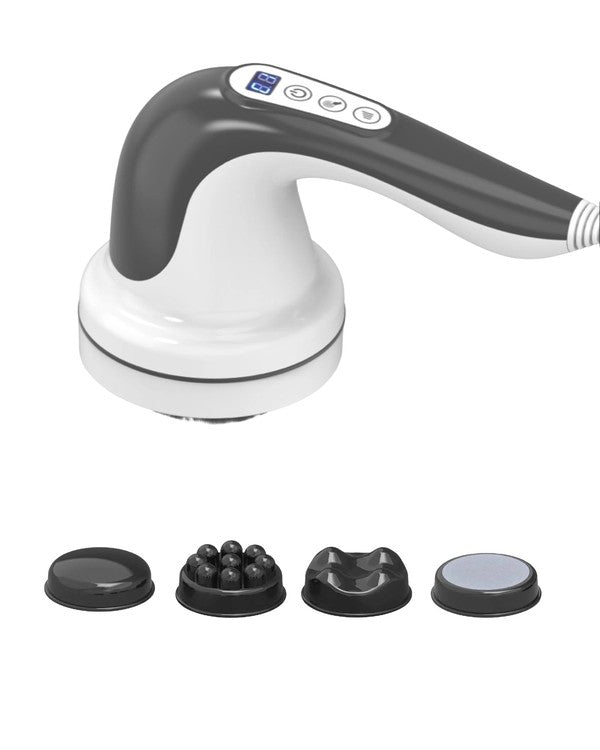 Handheld cellulite body sculpting massager with multiple interchangeable heads for targeted massage.