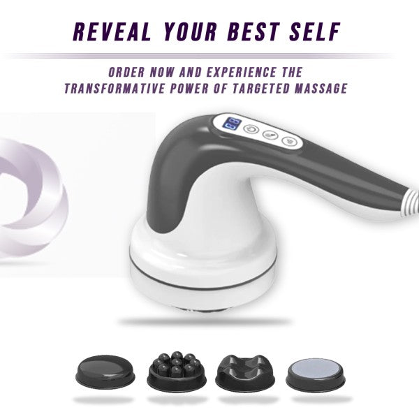 Handheld cellulite body sculpting massager with multiple interchangeable heads for targeted massage.