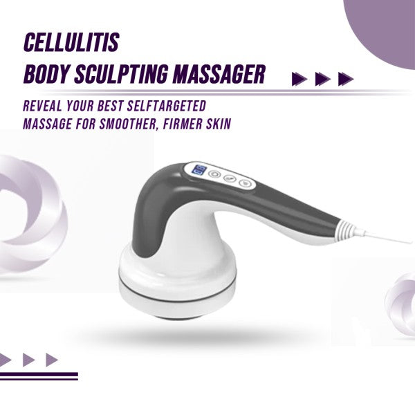Handheld cellulite body sculpting massager with multiple interchangeable heads for targeted massage.
