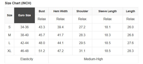 Size chart for clothing with Euro size equivalents, bust, hem width, shoulder, sleeve length, and length measurements.
