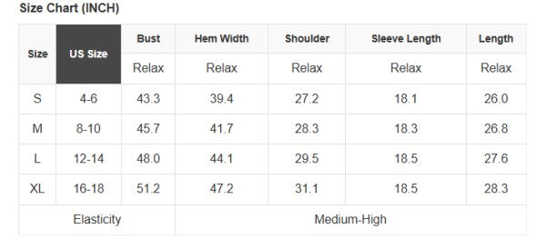 Size chart for clothing measurements in inches with US size categories.