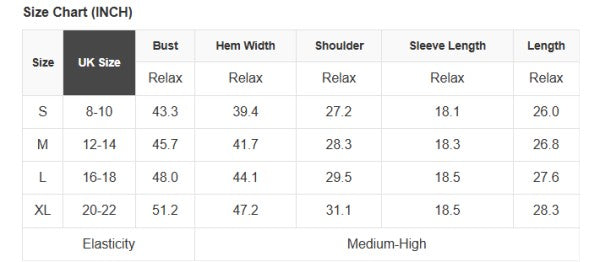 Size chart for clothing with measurements in inches and UK sizes.
