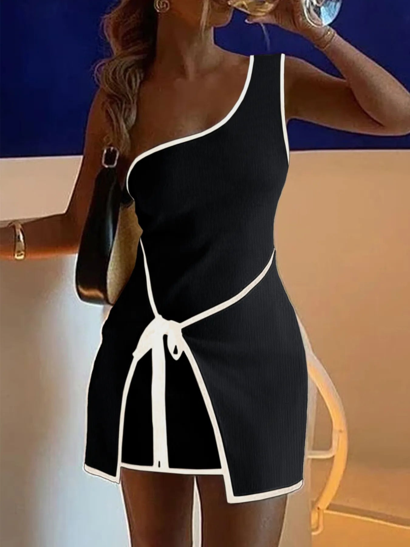 One-shoulder mini dress with contrast trim detail and fitted silhouette — modern, stylish piece ideal for party wear