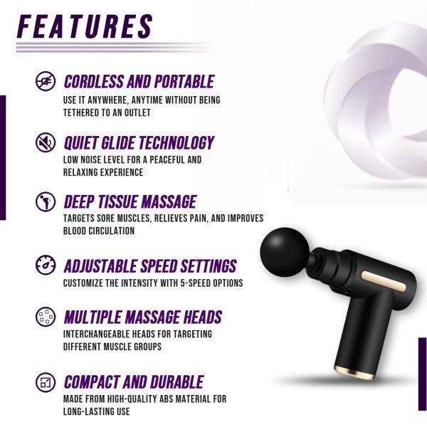 Handheld muscle massage gun, typically black, shown with a set of interchangeable attachments (round, fork, bullet) for full-body percussive therapy and athlete recovery.