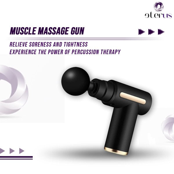 Handheld muscle massage gun, typically black, shown with a set of interchangeable attachments (round, fork, bullet) for full-body percussive therapy and athlete recovery.