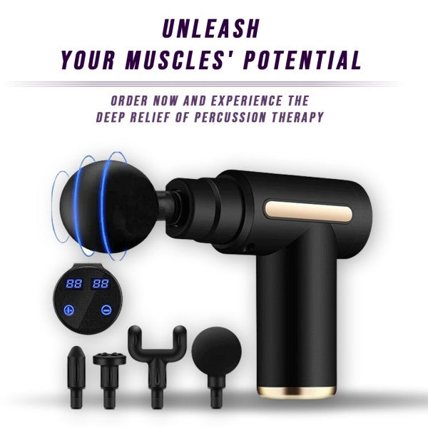 Handheld muscle massage gun, typically black, shown with a set of interchangeable attachments (round, fork, bullet) for full-body percussive therapy and athlete recovery.