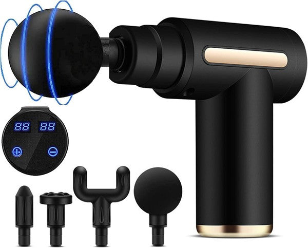 Handheld muscle massage gun, typically black, shown with a set of interchangeable attachments (round, fork, bullet) for full-body percussive therapy and athlete recovery.