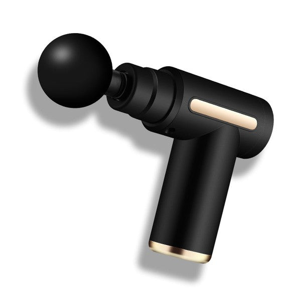 Handheld muscle massage gun, typically black, shown with a set of interchangeable attachments (round, fork, bullet) for full-body percussive therapy and athlete recovery.