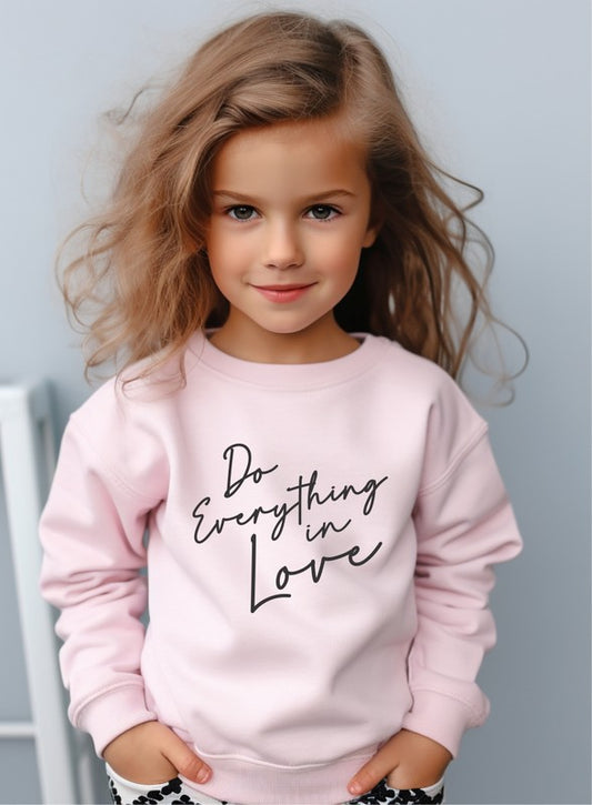 Child wearing a pink sweatshirt with 'Do Everything in Love' text on a light background