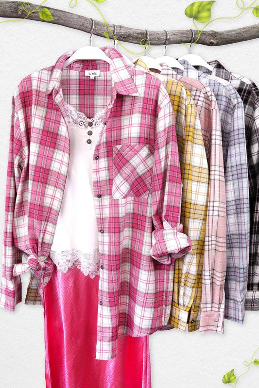 Classic plaid print brings timeless style and versatile appeal.