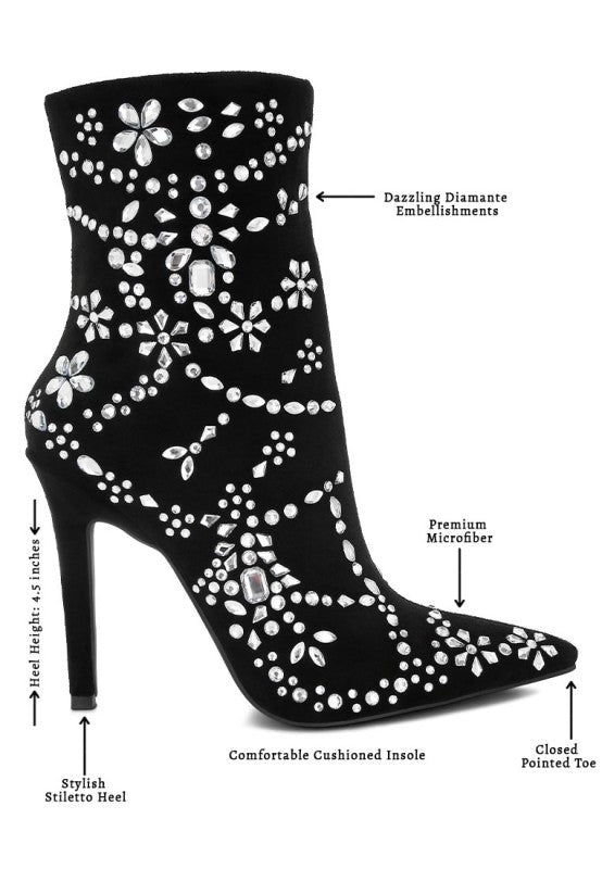 Black ankle boot with diamond embellishments on a white background