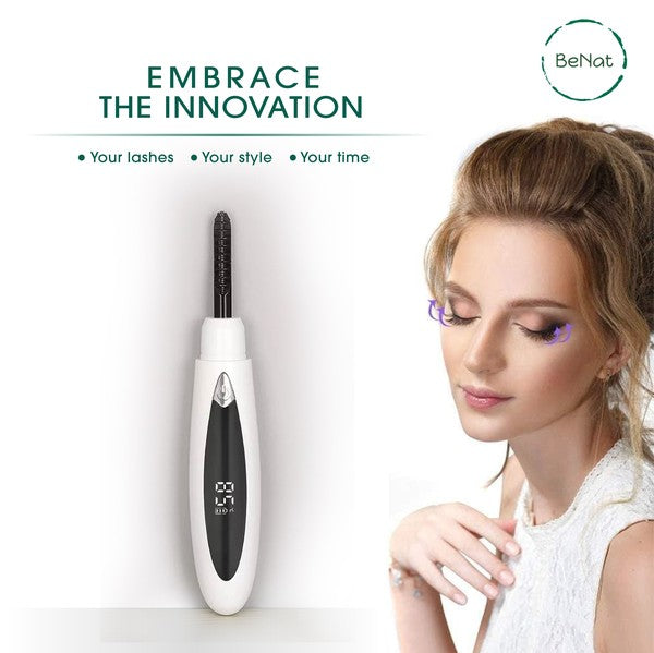 Electric eyelash curler with ergonomic design and USB charging port, ideal for achieving natural-looking curls.