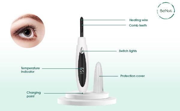 Electric eyelash curler with ergonomic design and USB charging port, ideal for achieving natural-looking curls.