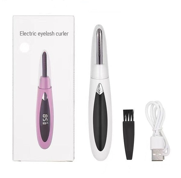 Electric eyelash curler with ergonomic design and USB charging port, ideal for achieving natural-looking curls.