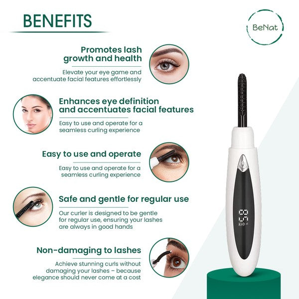 Electric eyelash curler with ergonomic design and USB charging port, ideal for achieving natural-looking curls.