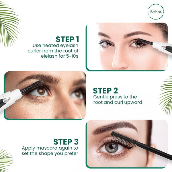 Electric eyelash curler with ergonomic design and USB charging port, ideal for achieving natural-looking curls.