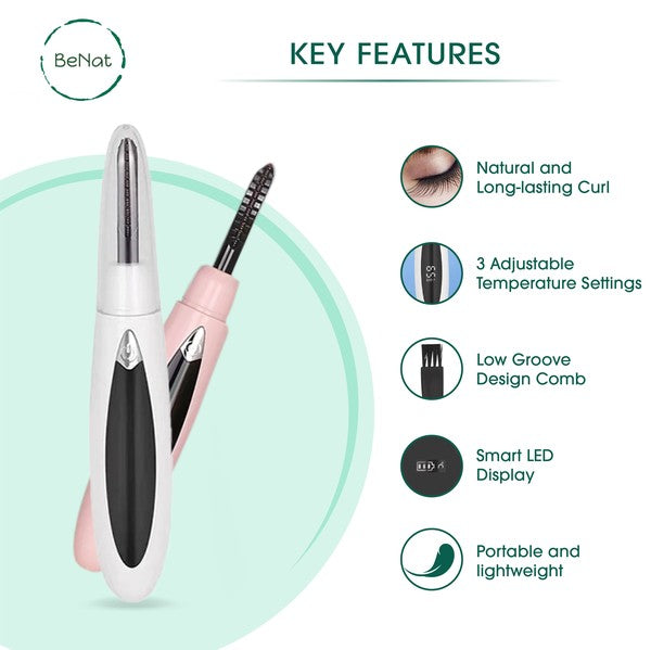 Electric eyelash curler with ergonomic design and USB charging port, ideal for achieving natural-looking curls.