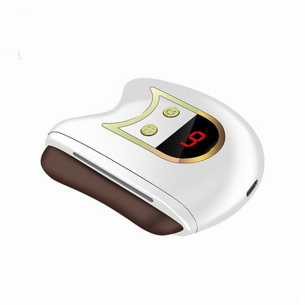 Electric Gua Sha facial sculpting tool with ergonomic design, LED light, heat, and vibration functions for facial massage