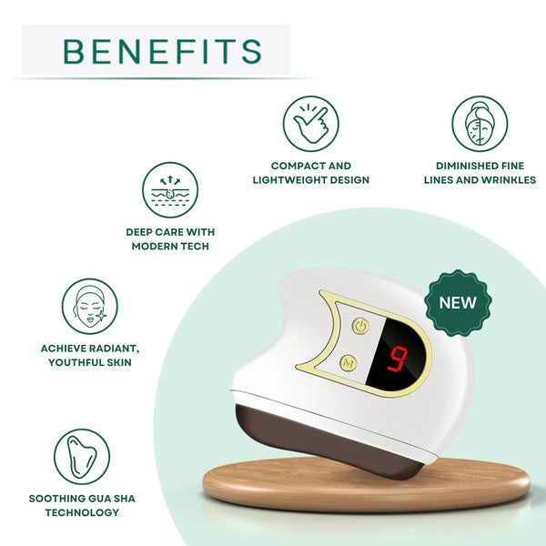 Electric Gua Sha facial sculpting tool with ergonomic design, LED light, heat, and vibration functions for facial massage