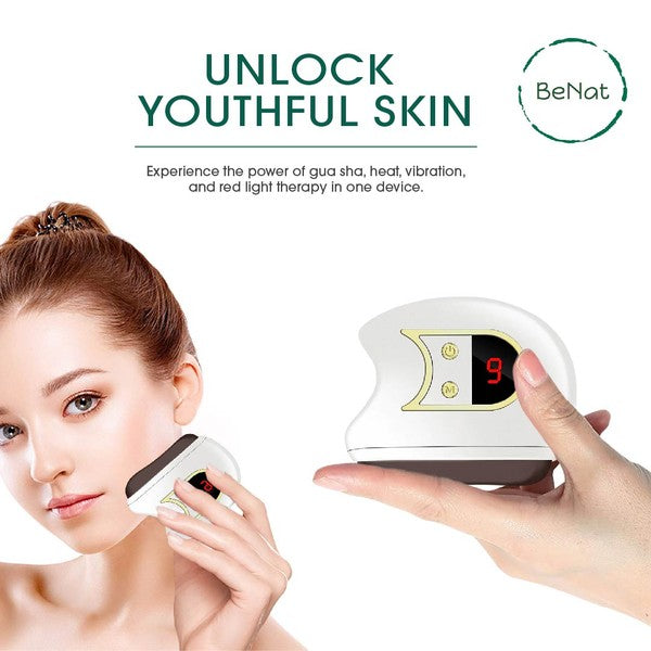 Electric Gua Sha facial sculpting tool with ergonomic design, LED light, heat, and vibration functions for facial massage