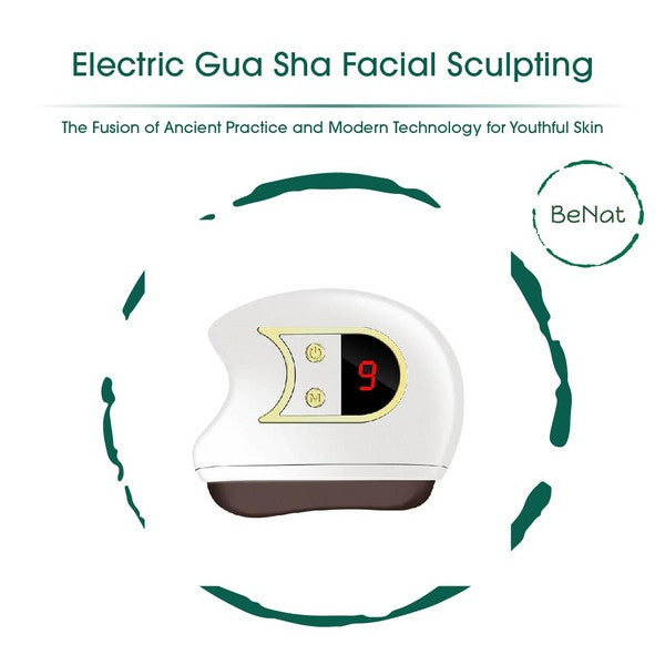 Electric Gua Sha facial sculpting tool with ergonomic design, LED light, heat, and vibration functions for facial massage