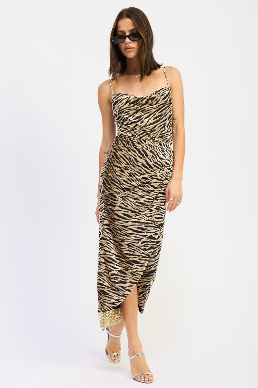 Elegant midi dress with draped cowl neckline and side gathers, offering a flattering silhouette for evening events and formal occasions