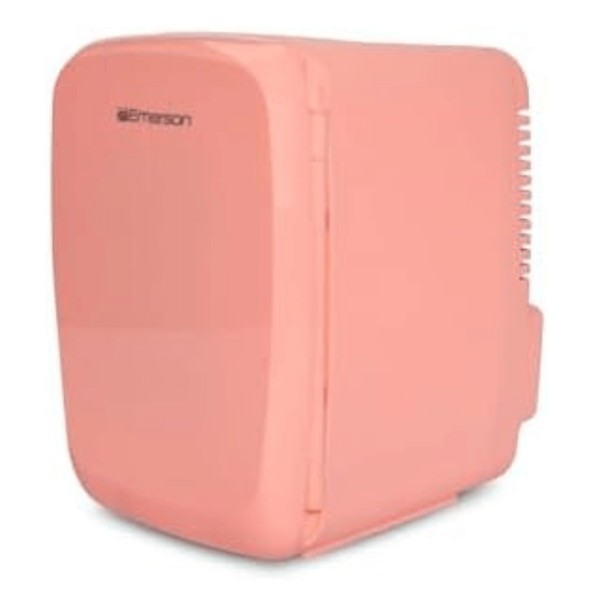 Compact pink Emerson mini fridge with a glossy finish, rounded design, and side ventilation—featuring a vertical handle and front branding.