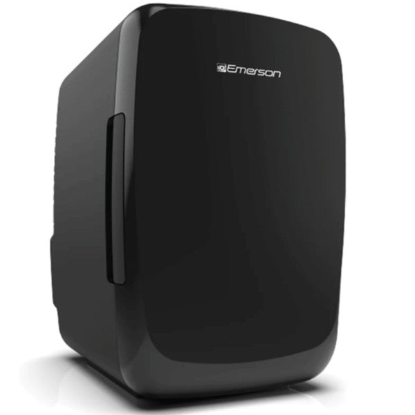 Compact black Emerson mini fridge with a glossy finish, rounded design, and side ventilation—featuring a vertical handle and front branding.