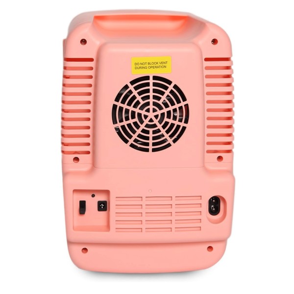 Compact pink Emerson mini fridge with a glossy finish, rounded design, and side ventilation—featuring a vertical handle and front branding.