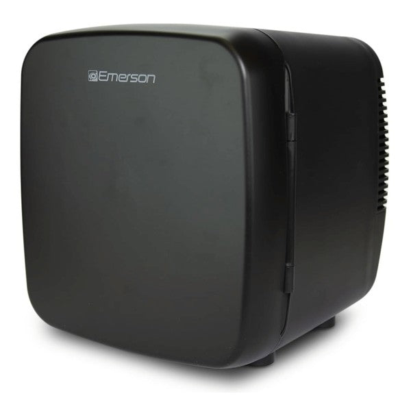 Compact black Emerson mini fridge with rounded edges, side ventilation, and front branding—designed for personal or small space use.