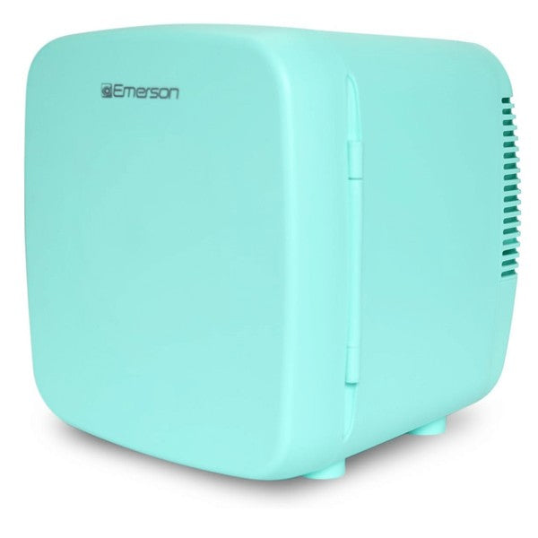 Compact turquoise Emerson mini fridge with rounded edges, side ventilation, and front branding—designed for personal or small space use.