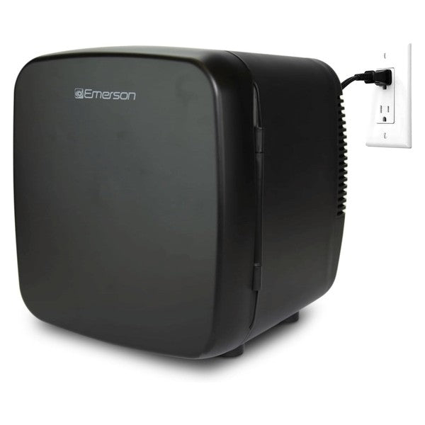Compact black Emerson mini fridge with rounded edges, side ventilation, and front branding—designed for personal or small space use.