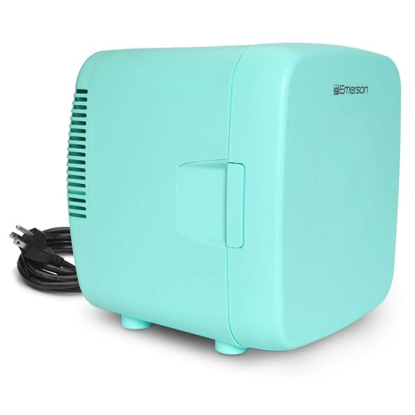 Compact turquoise Emerson mini fridge with rounded edges, side ventilation, and front branding—designed for personal or small space use.