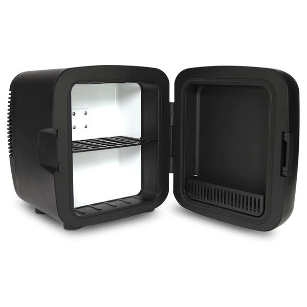 Open black mini fridge with white interior and a metal wire shelf—placed on a wooden surface, showing two storage compartments.