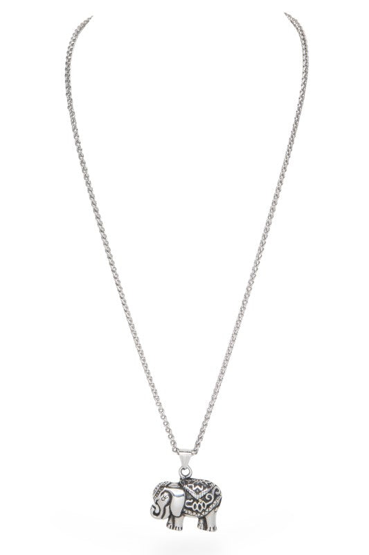Silver elephant pendant necklace featuring intricate patterns and ornamental detailing on the body, head, and legs, symbolic, artistic, and perfect for adding cultural charm to any look.