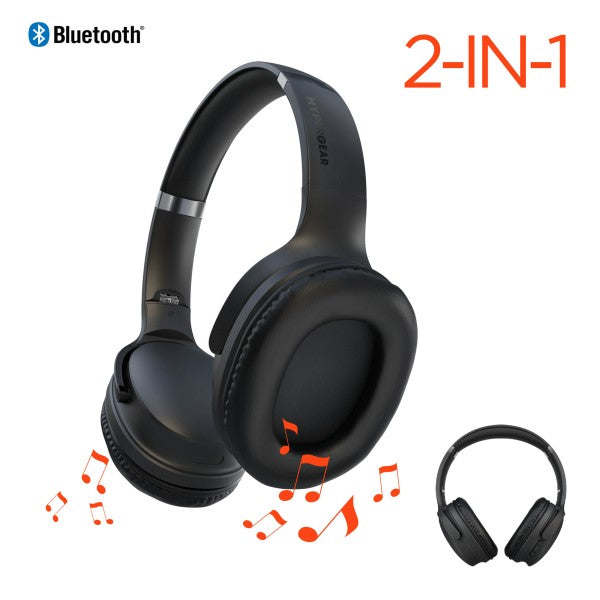 Black Hype Gear over-ear Bluetooth headphones with "2-IN-1" functionality, red musical notes, and wireless connectivity—shown in a promotional layout.