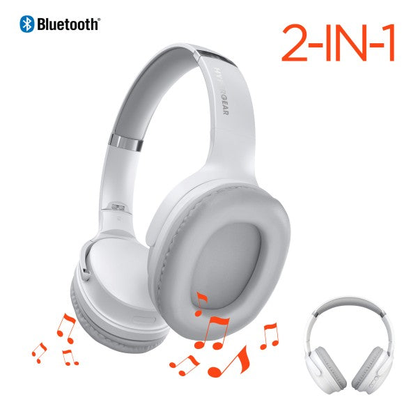 White Hype Gear over-ear Bluetooth headphones with "2-IN-1" functionality, red musical notes, and wireless connectivity—shown in a promotional layout.