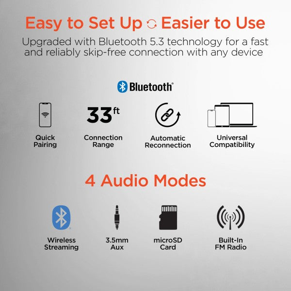Bluetooth 5.3 device promo—features quick pairing, 33 ft range, auto reconnection, universal compatibility, and 4 audio modes: wireless, aux, microSD, FM radio.
