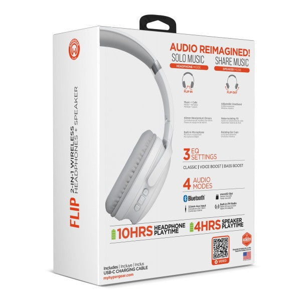 HYPERGEAR 2-IN-1 Bluetooth headphones and speaker—offers HD stereo sound, 10-hour headphone playtime, 4-hour speaker playtime, and flip-to-switch dual mode.