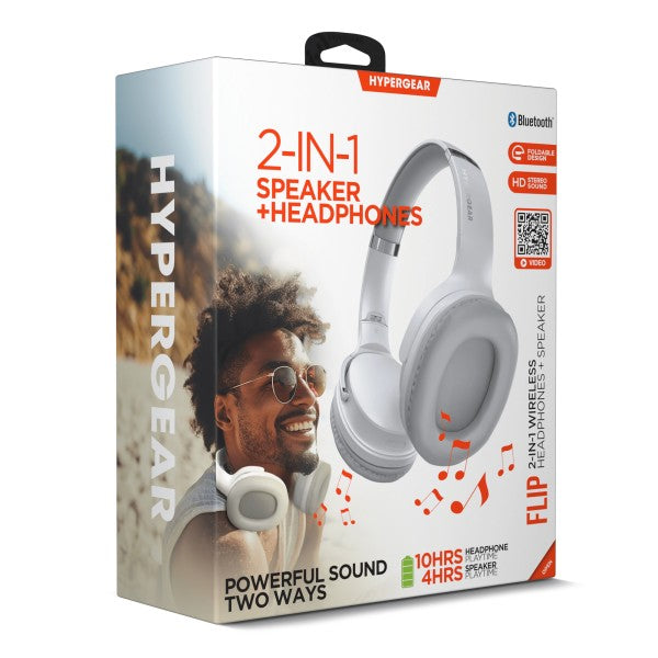 HYPERGEAR 2-IN-1 Bluetooth headphones and speaker—offers HD stereo sound, 10-hour headphone playtime, 4-hour speaker playtime, and flip-to-switch dual mode.