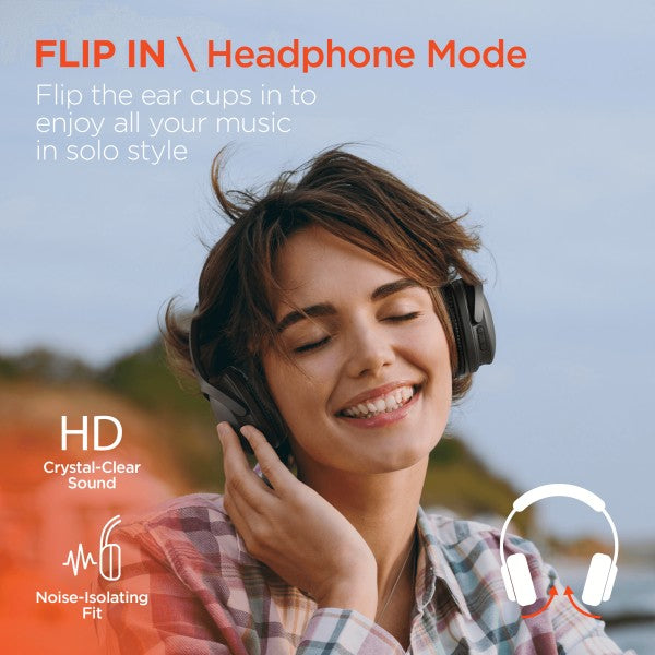 A person wearing over-ear headphones is smiling with eyes closed in an outdoor setting, enjoying music. Promotional text highlights features like "Flip In Headphone Mode," HD crystal-clear sound, and a noise-isolating fit.